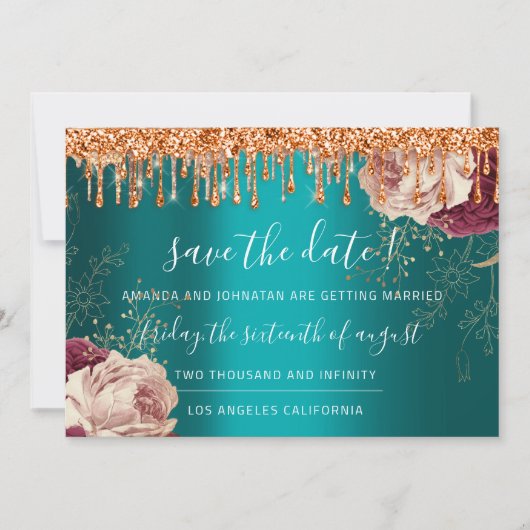 Save the Date Florals Rose Kupfer Tropfen Aquamari (Vorderseite)