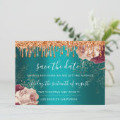 Save the Date Florals Rose Kupfer Tropfen Aquamari (Stehend Vorderseite)