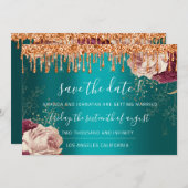 Save the Date Florals Rose Kupfer Tropfen Aquamari (Vorne/Hinten)