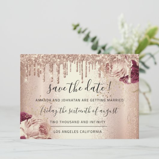 Save the Date Florals Rose Mint Tropfens Marsala (Stehend Vorderseite)