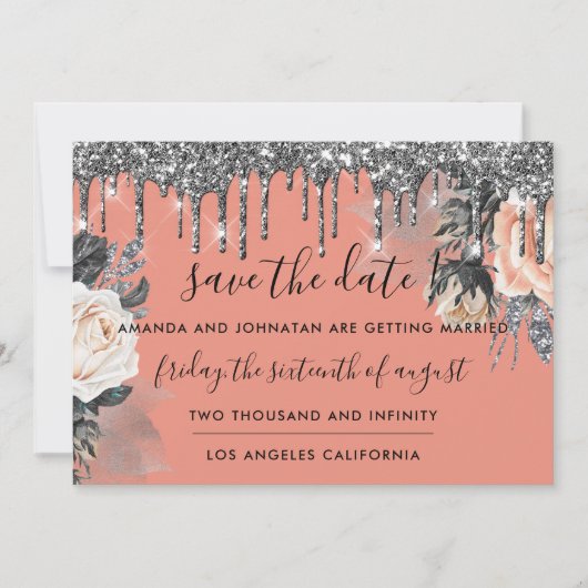 Save the Date Florals Rose Tropfen Rose Silver (Vorderseite)