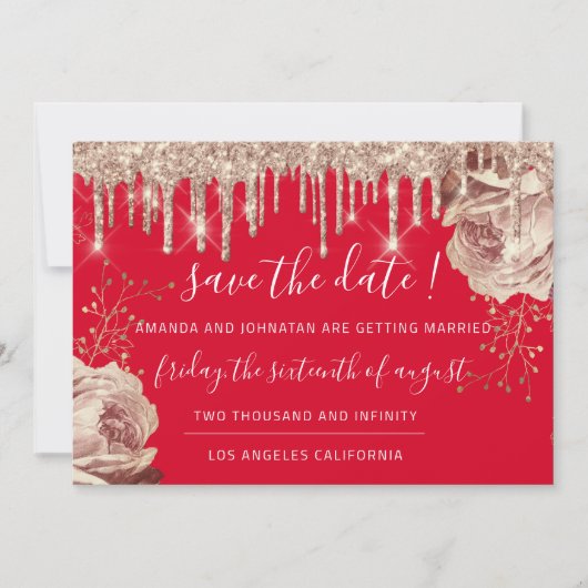 Save the Date Florals Rose Tropfen Rotes Elfenbein (Vorderseite)