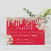 Save the Date Florals Rose Tropfen Rotes Elfenbein (Stehend Vorderseite)