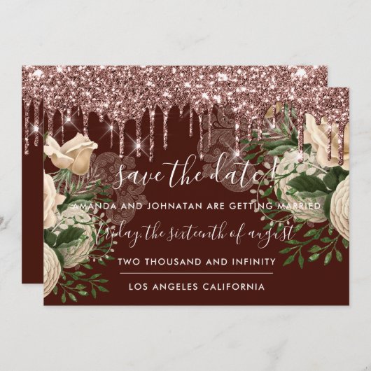 Save the Date Florals Rose Tropfens Rose Brown (Vorne/Hinten)