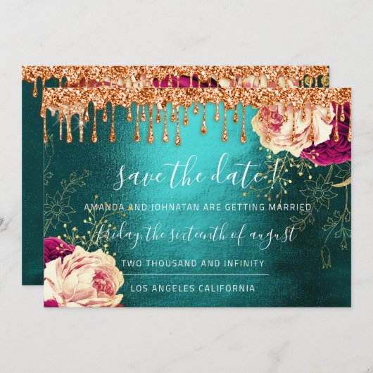 Save the Date Florals Rose Wreath Orange Tropfen (Vorne/Hinten)