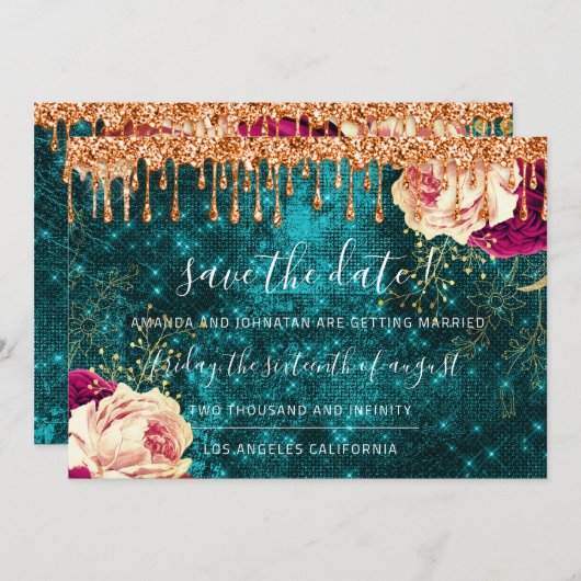 Save the Date Florals Rose Wreath Orange Tropfen A (Vorne/Hinten)