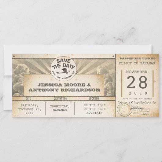 Save the Date Flugtickets - Vintage Einladungen (Vorderseite)