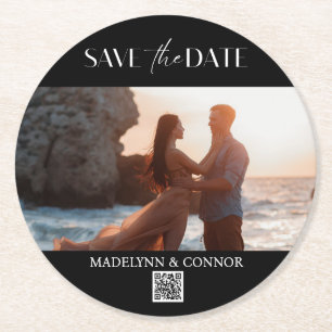 Save the Date flüssiger Script-Foto QR-Code Runder Pappuntersetzer