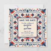 Save the Date, Folklorekunst blühend, rot-weiß und Einladung (Vorderseite)
