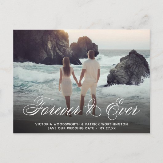 Save the Date Forever & Ever Wedding Foto Script Ankündigungspostkarte (Vorderseite)