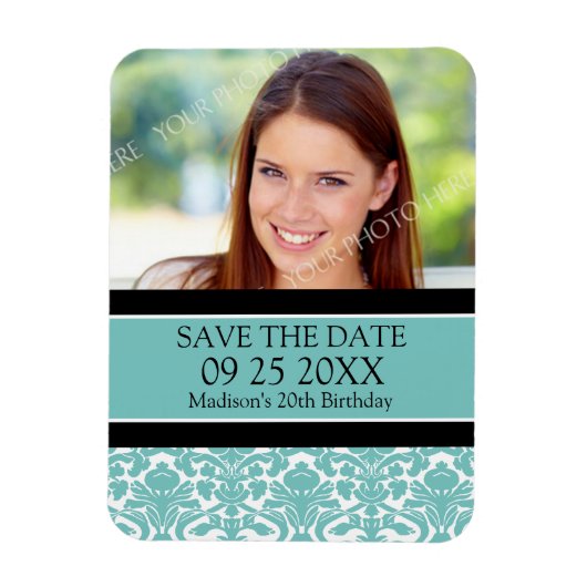 Save the Date Foto Birthday Magnet Aqua Damask (Vertikal)