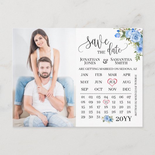 Save the Date Foto Blaue Hochzeit Postkarte (Vorderseite)