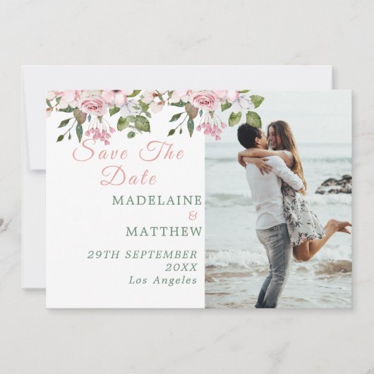Save the Date Foto Blumenstrauß Rose Elegante Hoch (Vorderseite)