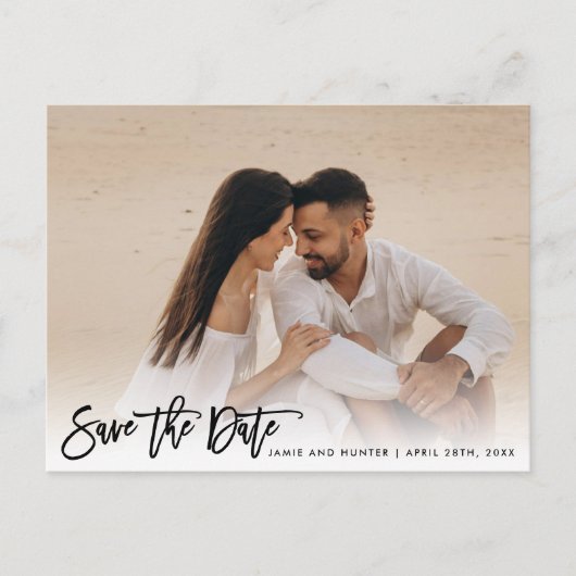 Save the Date Foto Brush Script Ankündigungspostkarte (Vorderseite)