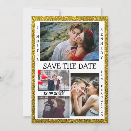 Save the Date Foto Collage Wedding Gold Glitzer (Vorderseite)