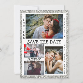 Save the Date Foto Collage Wedding Silver Glitzer