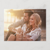 Save the Date Foto Eleganter Script QR Code Ankündigungspostkarte (Vorderseite)