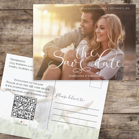 Save the Date Foto Eleganter Script QR Code Ankündigungspostkarte