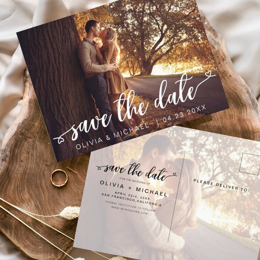 Save the Date Foto für handgeschriebene Herz-Schri Postkarte