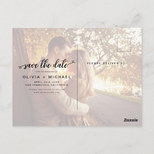 Save the Date Foto für handgeschriebene Herz-Schri Postkarte (Rückseite)