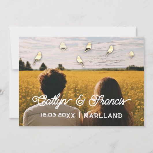 Save the Date Foto Gold Wood Country Bird Budget Einladung (Rückseite)