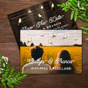 Save the Date Foto Gold Wood Country Bird Budget Einladung