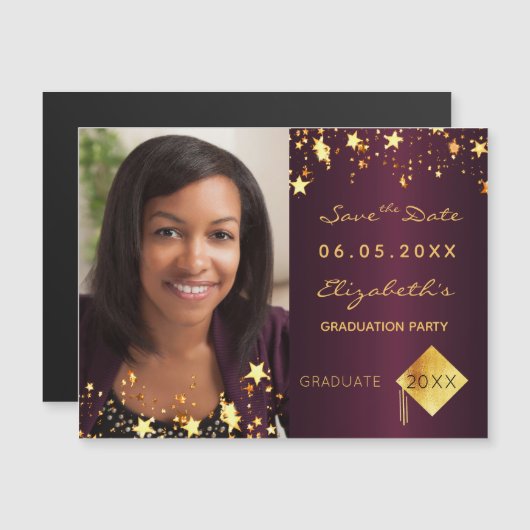 Save the Date Foto Graduierung Partei bordeauxrot Magnetkarte (Vorne/Hinten)