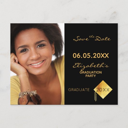 Save the Date Foto Graduierungspartei schwarz 2025 Postkarte (Vorderseite)