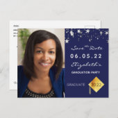 Save the Date Foto Graduierungsparty blau Postkarte (Vorne/Hinten)