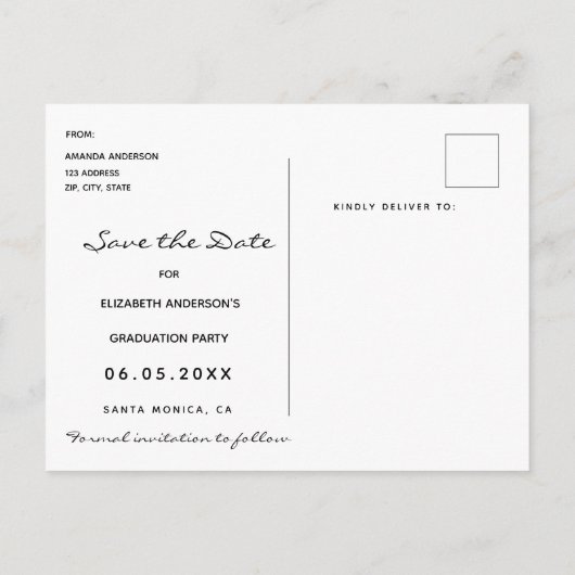 Save the Date Foto Graduierungsparty schwarz Postkarte (Rückseite)