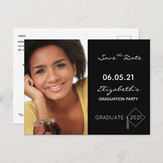 Save the Date Foto Graduierungsparty schwarz Postkarte (Vorne/Hinten)
