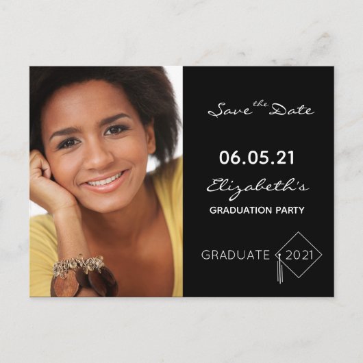 Save the Date Foto Graduierungsparty schwarz Postkarte (Vorderseite)