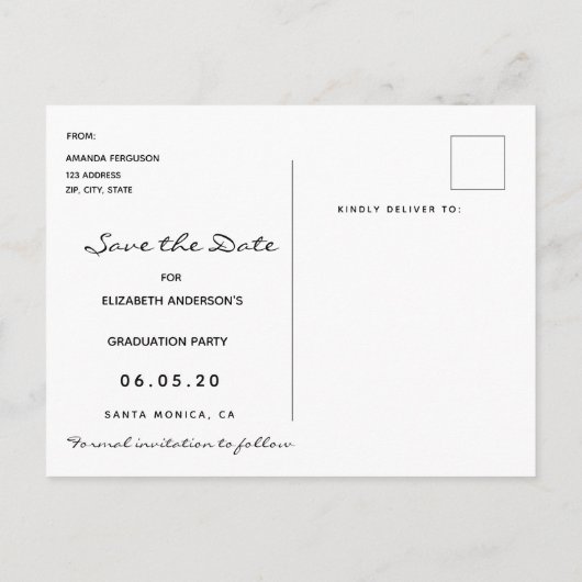 Save the Date Foto Graduierungsparty schwarz Postkarte (Rückseite)