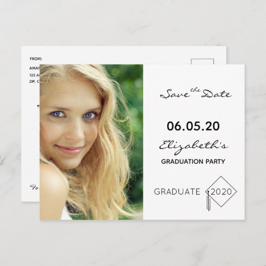 Save the Date Foto Graduierungsparty weiß Postkarte (Vorne/Hinten)
