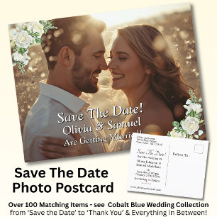 Save the Date, Foto - Kobalt Blau- und Weißrosen Ankündigungspostkarte
