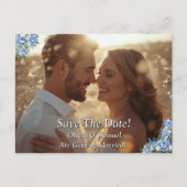 Save the Date - Foto mit Blauer Peony Ankündigungspostkarte (Vorderseite)