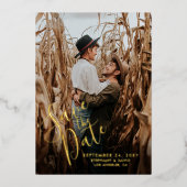 Save the Date Foto Modern Fun Script Real Gold Folieneinladung (Vorderseite)