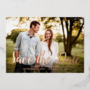 Save the Date Foto Moderne einfache Script-Rose Go Folieneinladung