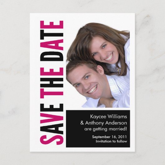 Save the Date Foto POSTCARD Pink & Black Ankündigungspostkarte (Vorderseite)