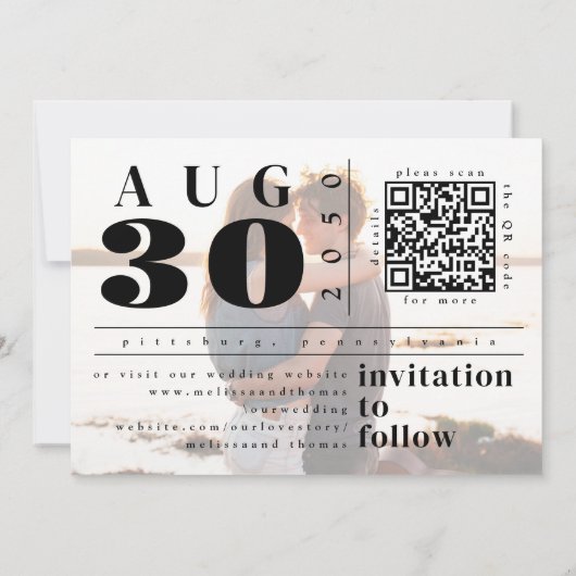 Save the Date Foto QR Code Moderne Typografie (Rückseite)