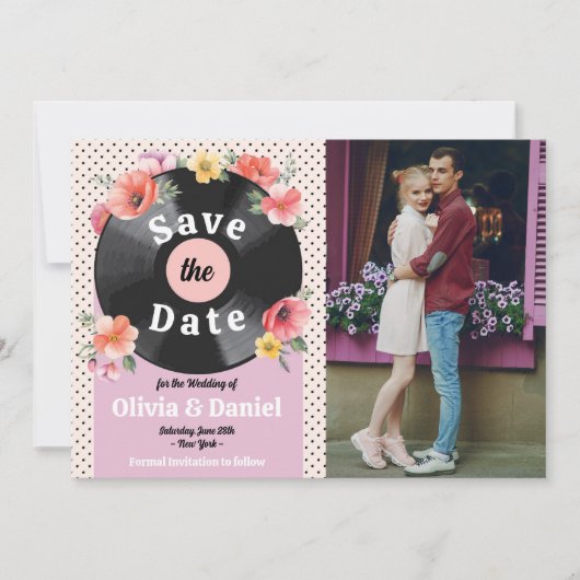 Save the Date Foto Record Wedding Floral 1950s (Vorderseite)