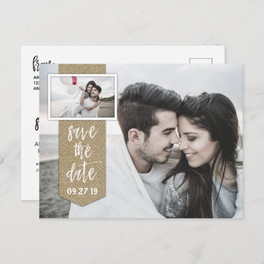 Save the Date Foto Rustic Burlap Wedding Ankündigungspostkarte (Vorne/Hinten)