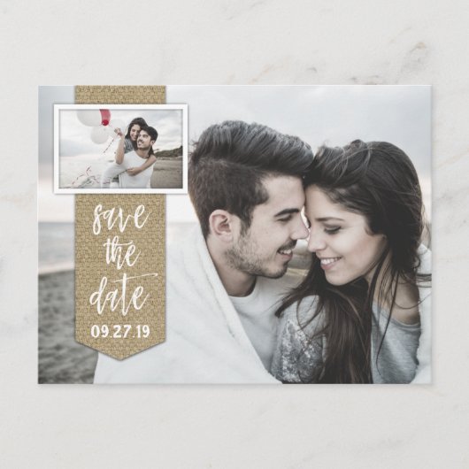 Save the Date Foto Rustic Burlap Wedding Ankündigungspostkarte (Vorderseite)