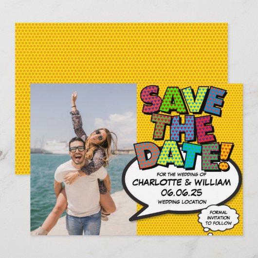 Save the Date Foto Spaß Retro Comic Pop Kunst (Vorne/Hinten)