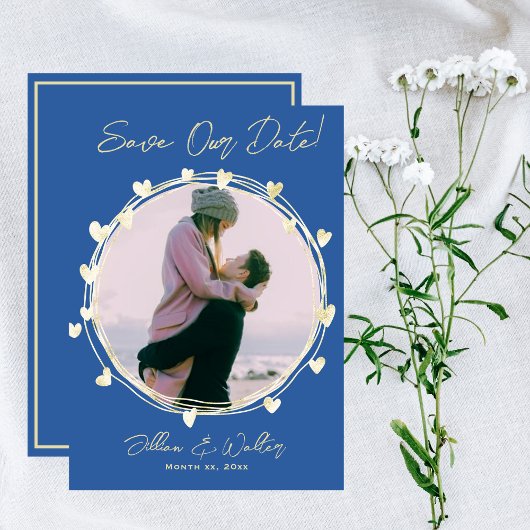 Save the Date Foto Wedding Blue Gold Hearts