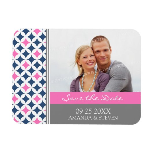 Save the Date Foto Wedding Magnet Grau Blau Pink (Horizontal)