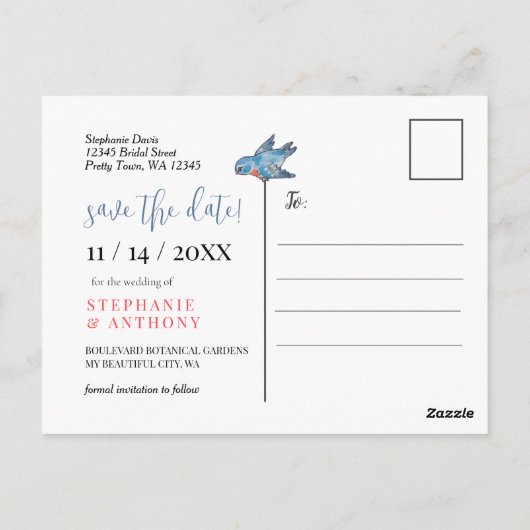 Save the Date Foto "Wildblume Bird Border" Postkarte (Rückseite)