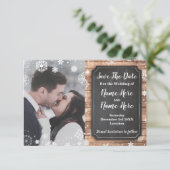 Save the Date Foto Winterurlaub Schneeflocken Holz (Stehend Vorderseite)