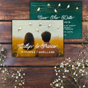 Save the Date Foto Woodland Hütte Golden Bird Einladung