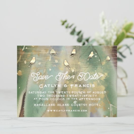 Save the Date Foto Woodland Hütte Golden Bird Einladung (Stehend Vorderseite)